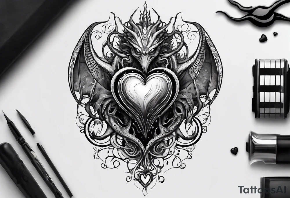 Long tattoo. Lovecraftian creature protecting a heart. tattoo idea