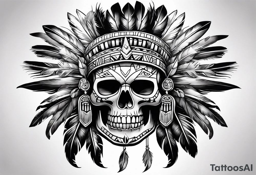 Aztec skull with feathers tattoo idea