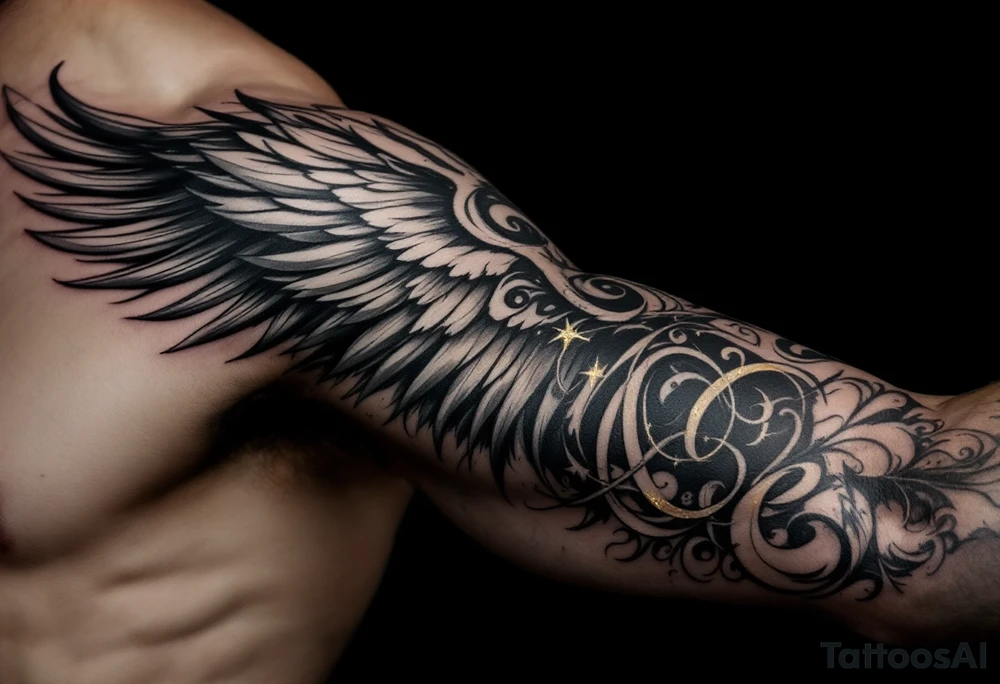 “Dunning” on left arm,details include bold strong font, faint gold highlights, theme of wealth,angel wing tattoo idea