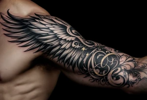 “Dunning” on left arm,details include bold strong font, faint gold highlights, theme of wealth,angel wing tattoo idea