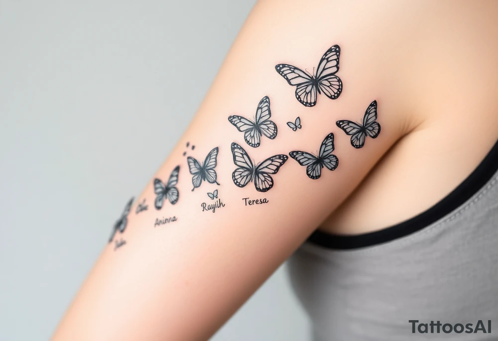 Six different butterflies streaming down arm with six kids names Aden, Aninna, Novaih, Rayla, Jayla, Teresa tattoo idea