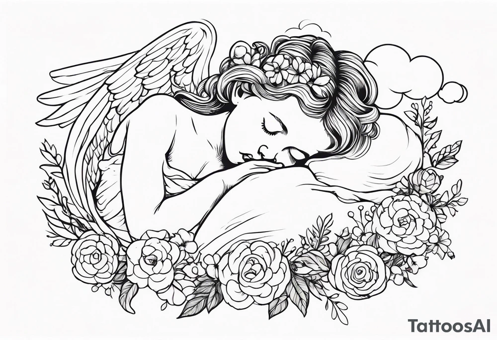 baby renaissance style angel sleeping on cloud, flowers in long hair, ethereal tattoo idea