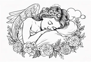 baby renaissance style angel sleeping on cloud, flowers in long hair, ethereal tattoo idea