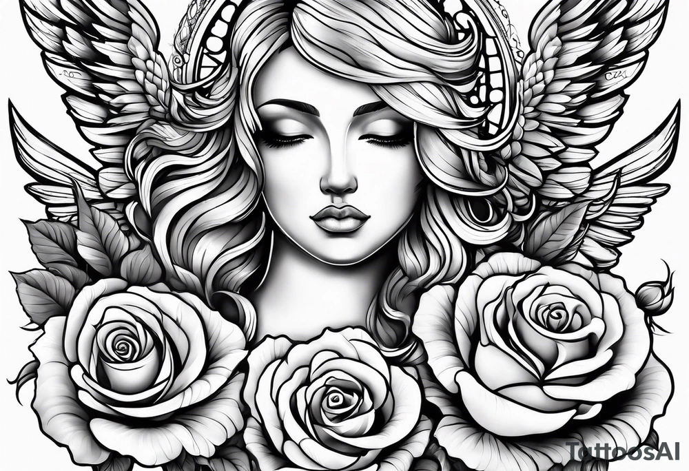 Angel, roses, name MARTINA tattoo idea