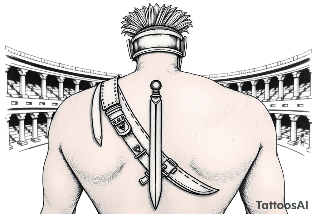 gladiator from behind near an arena with a short sword in his hand tattoo idea