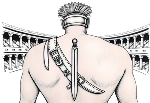 gladiator from behind near an arena with a short sword in his hand tattoo idea