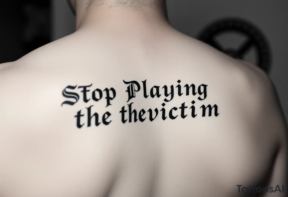 Writer the phrase :"Stop Playing the victim".
Nodo senza fine sign in background.
The words in greek style tattoo idea