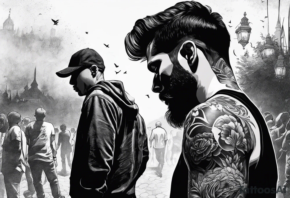 2 Black shadows of people standing over 2 wounded black shadows of people tattoo idea