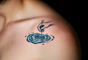 "Tonouci se stebla chyta." — A hand reaching for a single green reed in turbulent navy-blue waters, with the quote trailing behind like ripples. tattoo idea