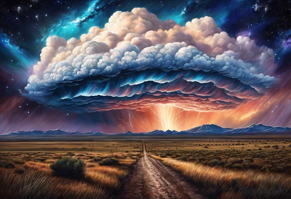 beautiful supercell cloud in vast open Texas lands split with the milky way lighting a starry night sky tattoo idea