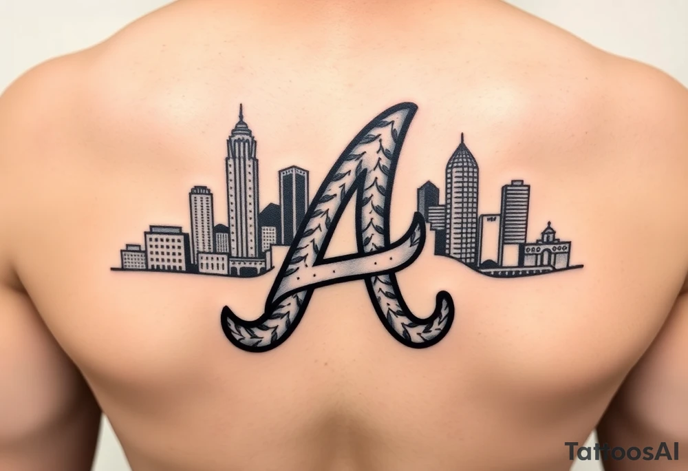 Atlanta Braves letter logo “A” overlapping the Atlanta skyline in the back. Small and jam packed tattoo idea