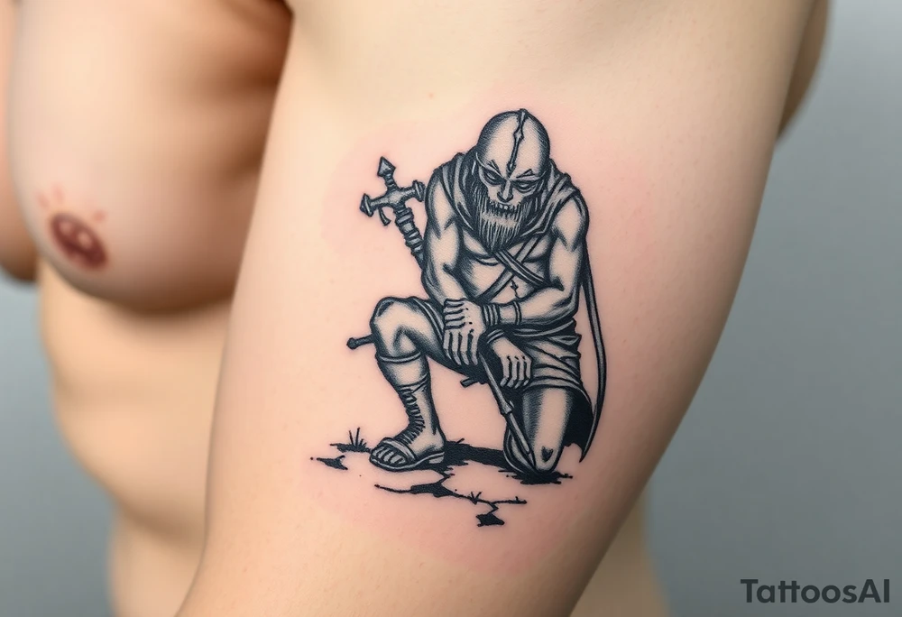 Weary warrior kneeling taking a break tattoo idea