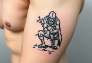 Weary warrior kneeling taking a break tattoo idea