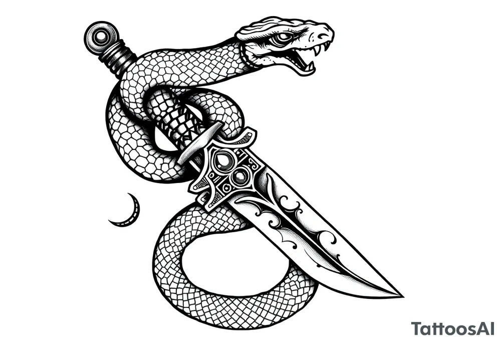 mystical snake coiled around an ancient dagger with jeweled hilt tattoo idea
