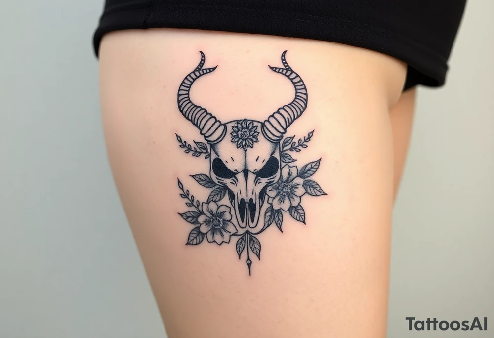 The sign capricorn as a realistic skull with leaves and flowers tattoo idea