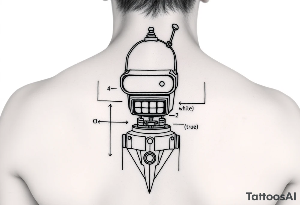 Geometric tattoo design of a robot inspired by Bender from Futurama, made of abstract shapes, triangles, circles and lines. The robot is integrated with subtle programming elements like code brackets, binary digits (0 and 1), or a minimal 'while (true) {}' loop within the structure. No shading, only clean black lines. Designed for shoulder placement, with a modern, tech-inspired look. tattoo idea