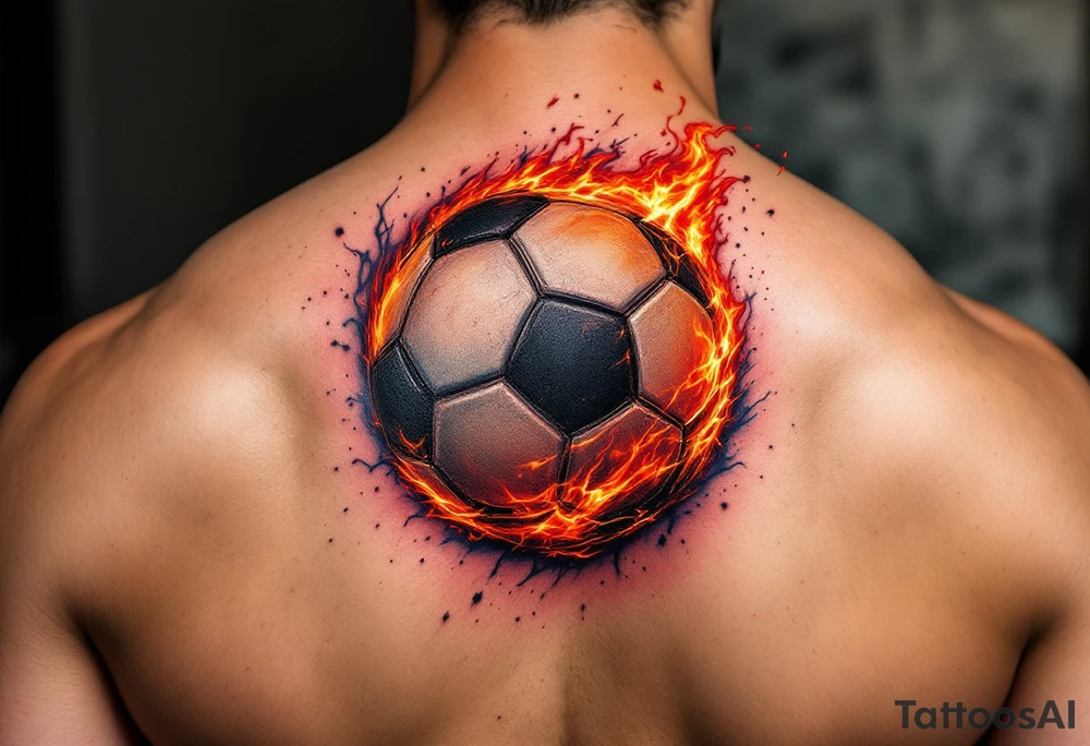 A hyper-realistic soccer ball on fire, shaded in deep reds, oranges, and black. tattoo idea