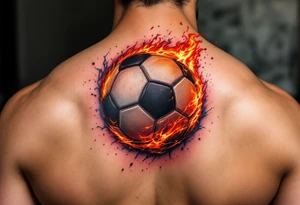 A hyper-realistic soccer ball on fire, shaded in deep reds, oranges, and black. tattoo idea