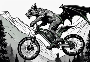 gargoyle riding a full suspension green mountain bike with a shadow no background with wings tattoo idea