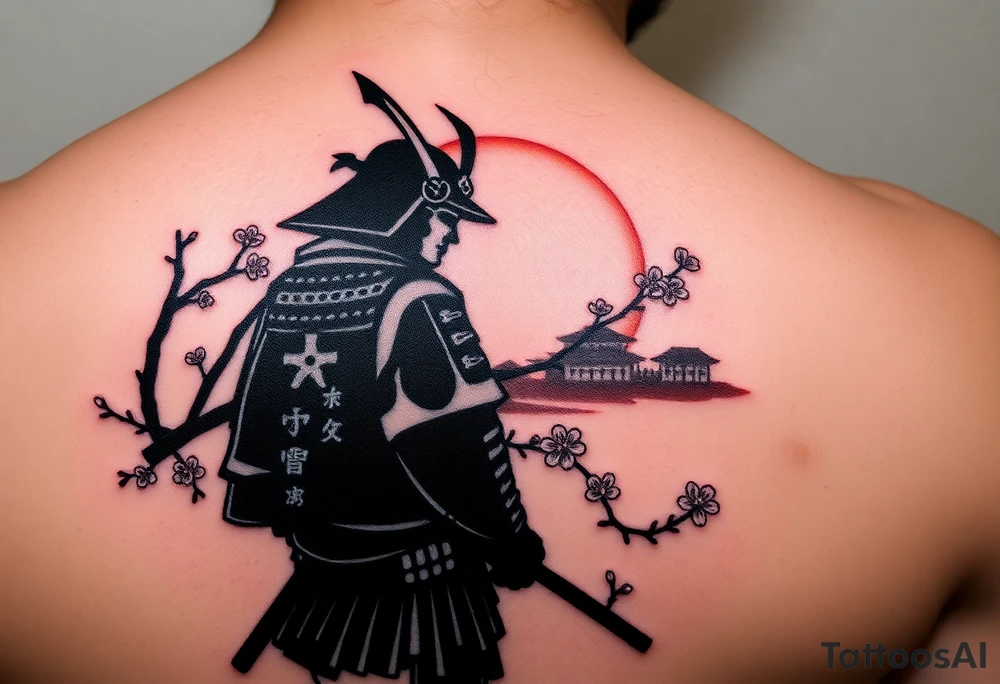 noble samurai warrior silhouette at sunset with cherry blossoms tattoo idea