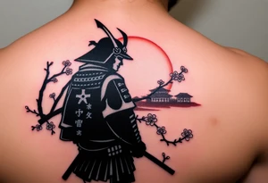 noble samurai warrior silhouette at sunset with cherry blossoms tattoo idea