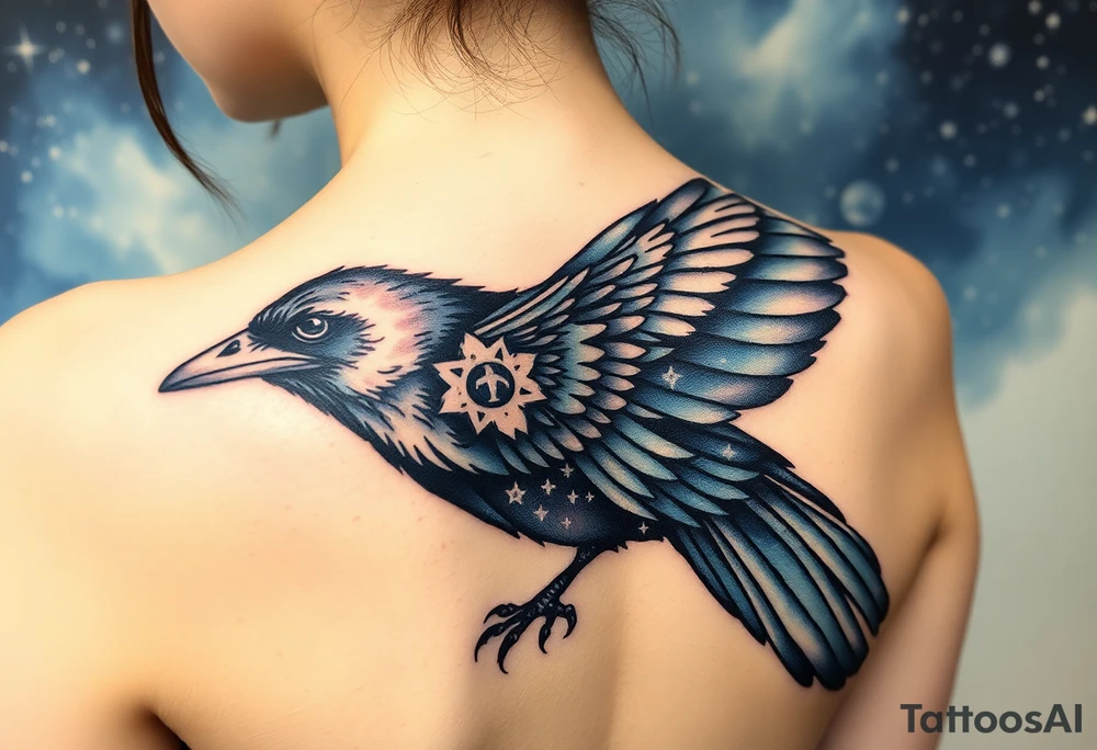 Raven with starry sky background with zodiac constellations in it with runes in sky tattoo idea