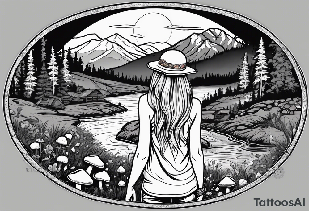 Whole picture encircled fully

Straight long blonde hair hippie girl in distance holding mushrooms in hand facing away toward mountains and creek surrounded by mushrooms long sleeve shirt and hiking pants; whole rendering within a full circle, no cut off circle tattoo idea