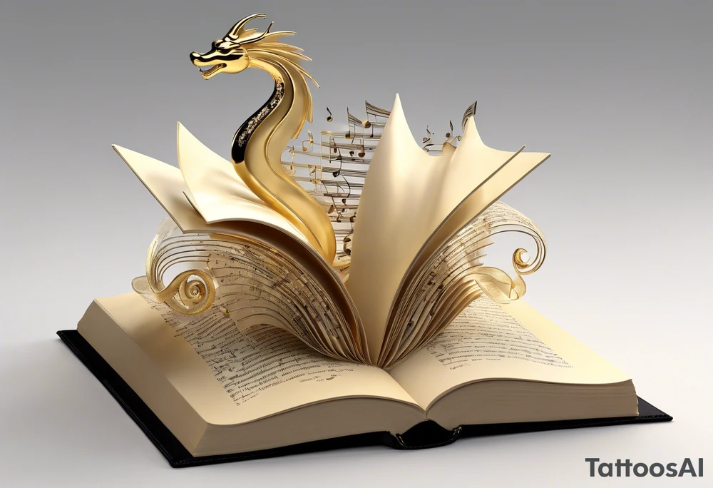 a whimsical open book with pages that appear to flutter, as if caught in a gentle breeze. Above the book, a delicate small dragon silhouette, playfully spirals in the air. To the right, a pawn chess piece stands proudly. Just above, a singular, swirling music note dances, emanating a sense of melody and rhythm. On the left corner of the book, a majestic raven, cloaked in midnight hues, gazes contemplatively, feathers ruffled by an unseen wind. Below, a vibrant cluster of lavender flowers blooms, with a charming bumblebee hovering nearby tattoo idea