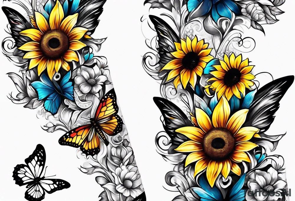 Arm sleeve with Winged cross with sunflower and butterflies tattoo idea