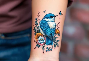 Puffy bluebird surrounded by wild flowers tattoo idea