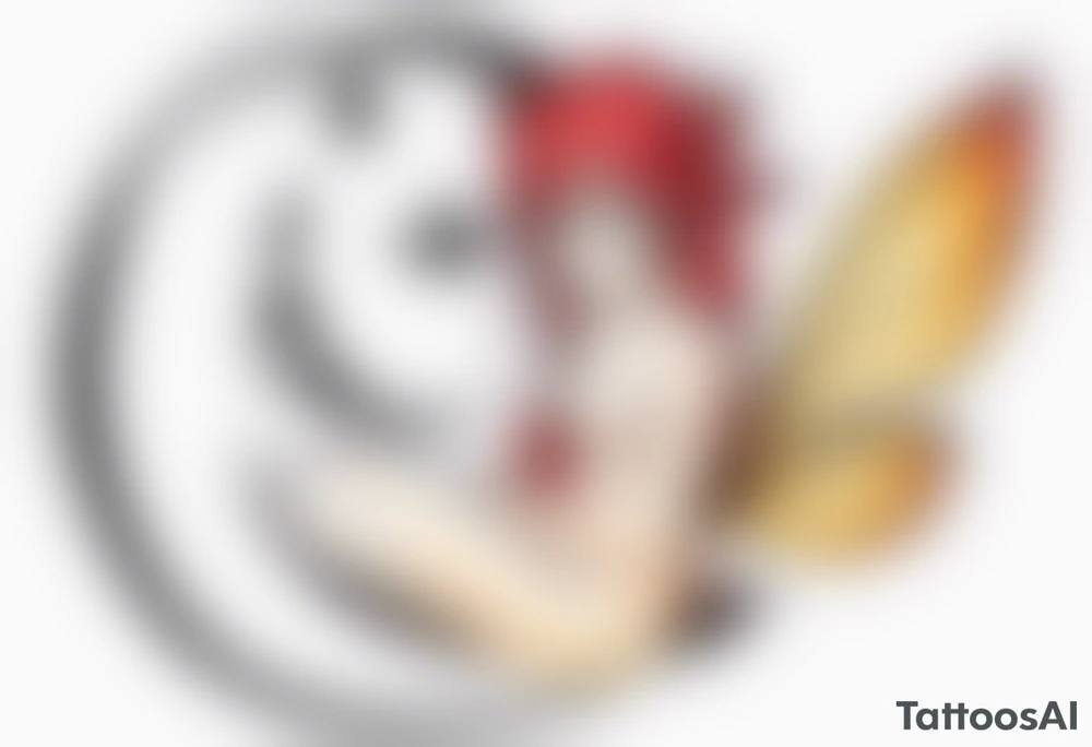 A fairy with a tail inspired by the logo of the show called Fairy Tail in a fetal position leaning in tattoo idea
