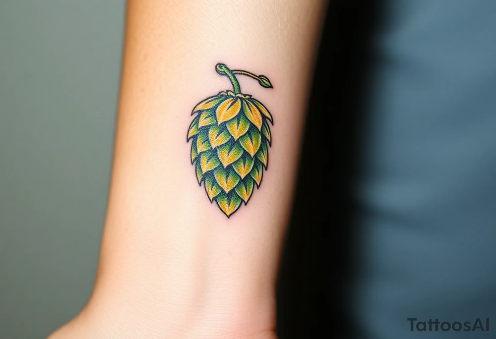 A detailed hop cone with deep green and golden hues, wrapped in barley stalks, symbolizing the essence of brewing tattoo idea