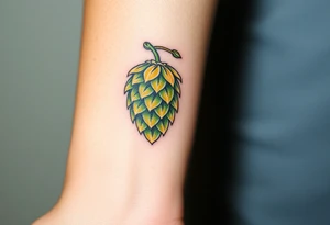 A detailed hop cone with deep green and golden hues, wrapped in barley stalks, symbolizing the essence of brewing tattoo idea