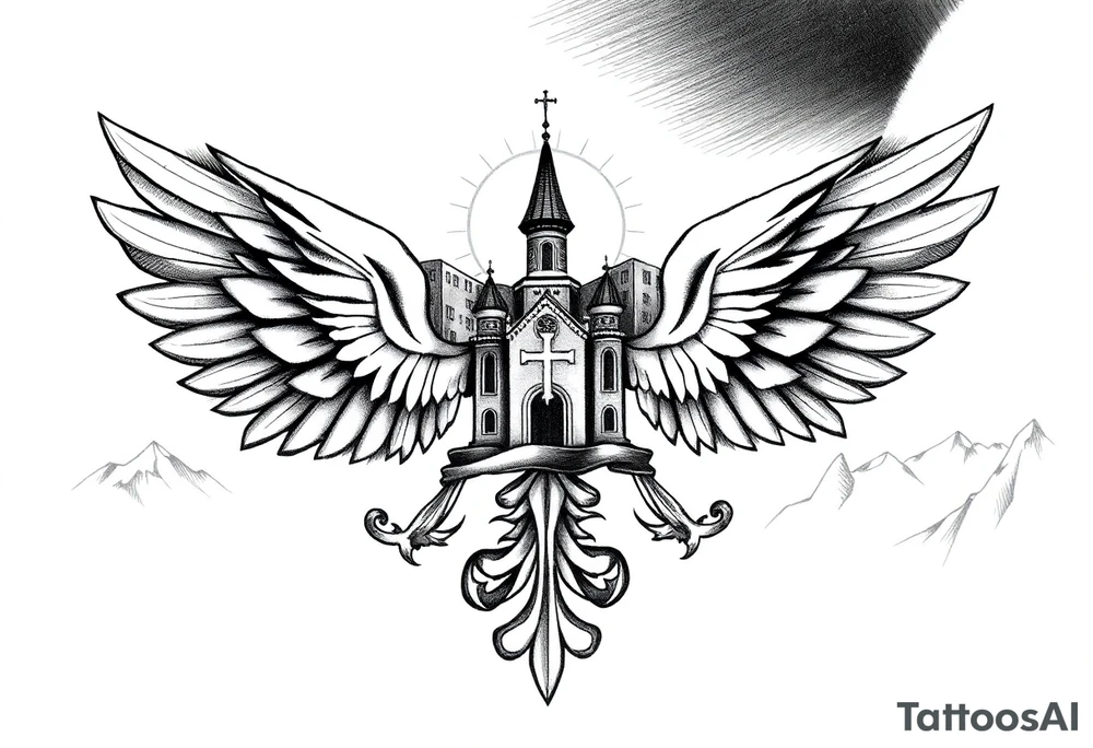 russian coat of arms with both heads visible & wings with an orthodox christian church being visible in a mountainous sun beaming setting, with the russian orthodox cross spire of the orthodox church being visible with a sun beaming in the background that the cross sits inside tattoo idea