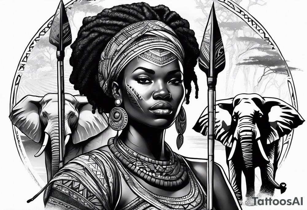 African woman warrior with tribe scars and spear in hand with elephants in background tattoo idea