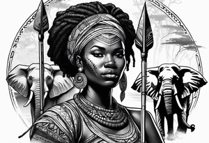 African woman warrior with tribe scars and spear in hand with elephants in background tattoo idea