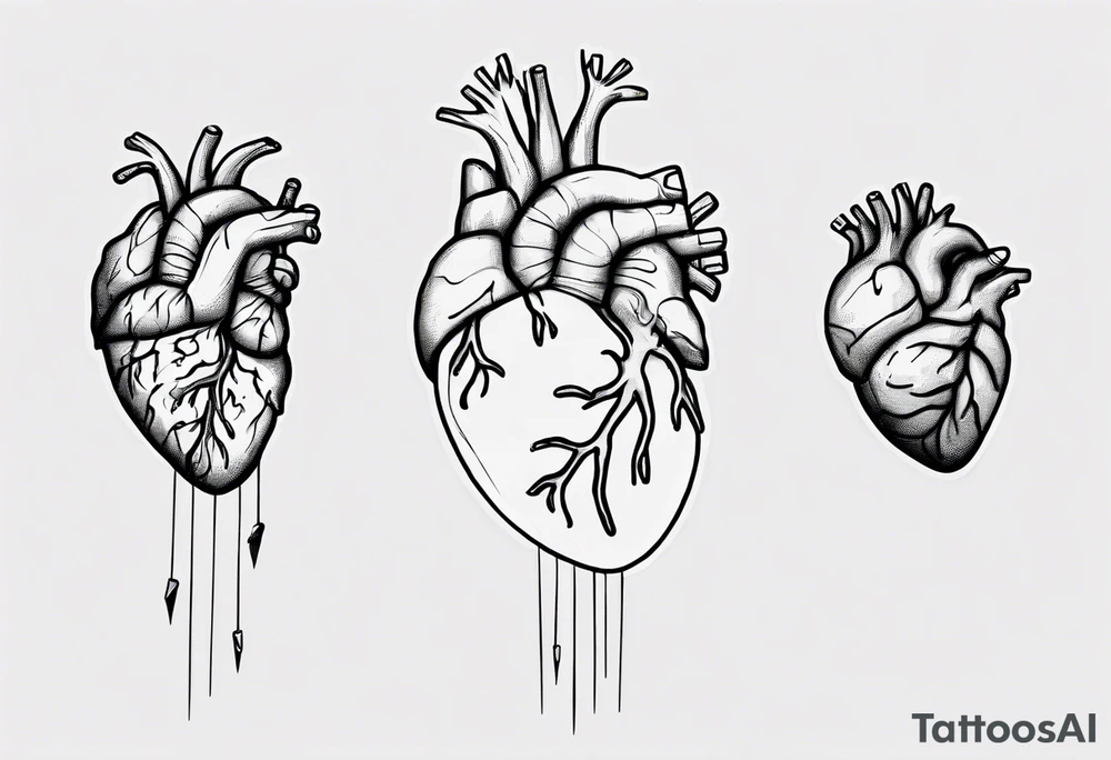 A simple line design anatomical heart and anatomical brain tied with balloon string being held by a woman's hand tattoo idea
