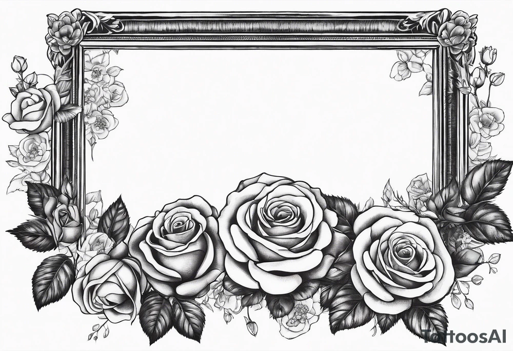 Vintage picture frame within the picture frame there are roses and baby’s breath flowers tattoo idea