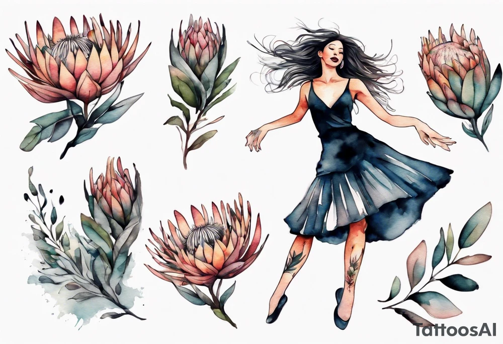 Very feminine tattoo with a woman dancing in a wind of protea flowers tattoo idea