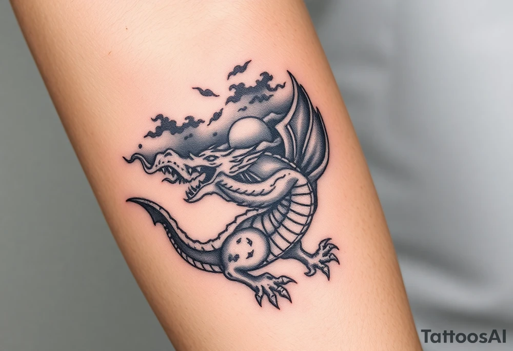 fierce dragon breathing iridescent fire against stormy skies tattoo idea