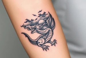 fierce dragon breathing iridescent fire against stormy skies tattoo idea