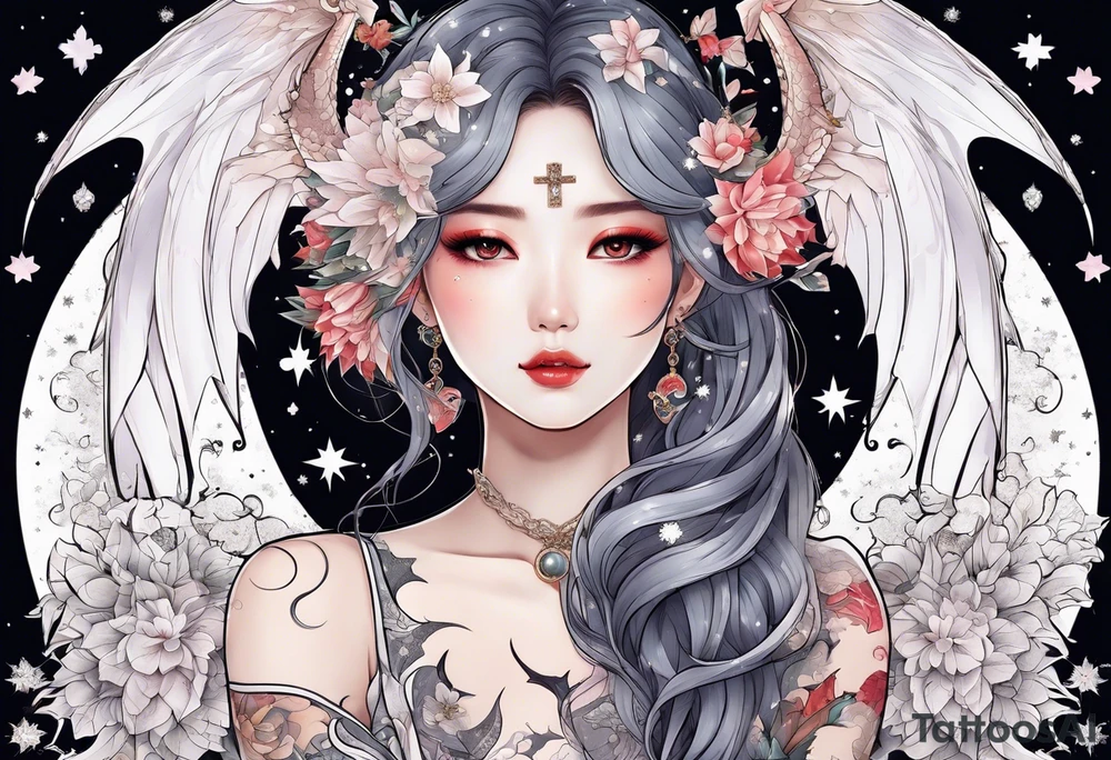 Constellation, wing , snow , cross , dragon female japan kawaii , flower tattoo idea