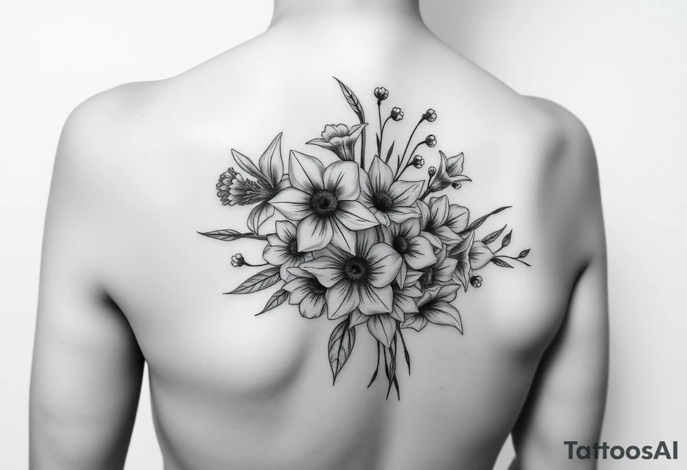 realistic bouquet of daffodils, daisies, lily of the valley on woman upper arm tattoo idea