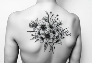 realistic bouquet of daffodils, daisies, lily of the valley on woman upper arm tattoo idea