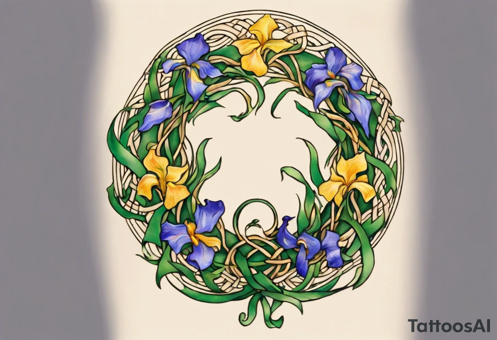 Create a small, colorful Vincent van Gogh Irises tattoo in the form of a crescent, with vines in Celtic knot style gracefully intertwining at a central point in the middle of the wreath. The intended placement is on the upper chest. The middle needs mountains. The overall design should be small in size while maintaining a delicate and artistic aesthetic. Pay attention to the graceful flow of the vines and the placement of the irises to achieve a refined and elegant look. tattoo idea