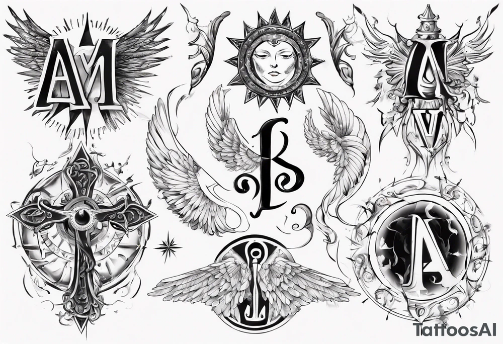 abstraction with sun and letters and angels tattoo idea