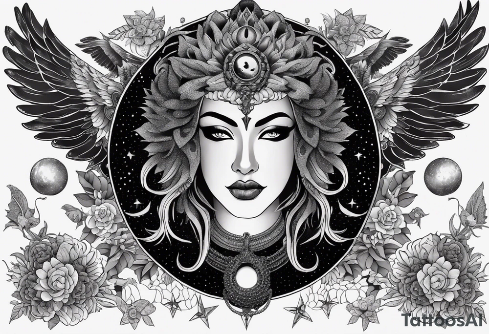 black kali, goddess pirate, alien, angel, pachamama, valkrye, warrior, flying, skull, lotus azul, wing, eagle, zenza resonance, stars, 5D, anahata chakra, death, durga, riding on a tiger, flying lady, kundalini, chest tatoo, samuri, rebel, serpent tattoo idea