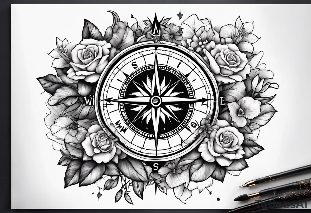 Compass with mountains and moons and flowers like roses or orchids tattoo idea