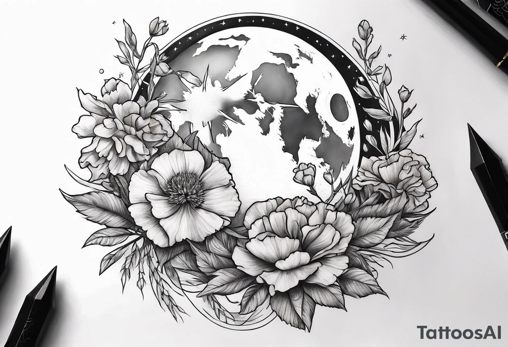 moon with carnation tattoo idea