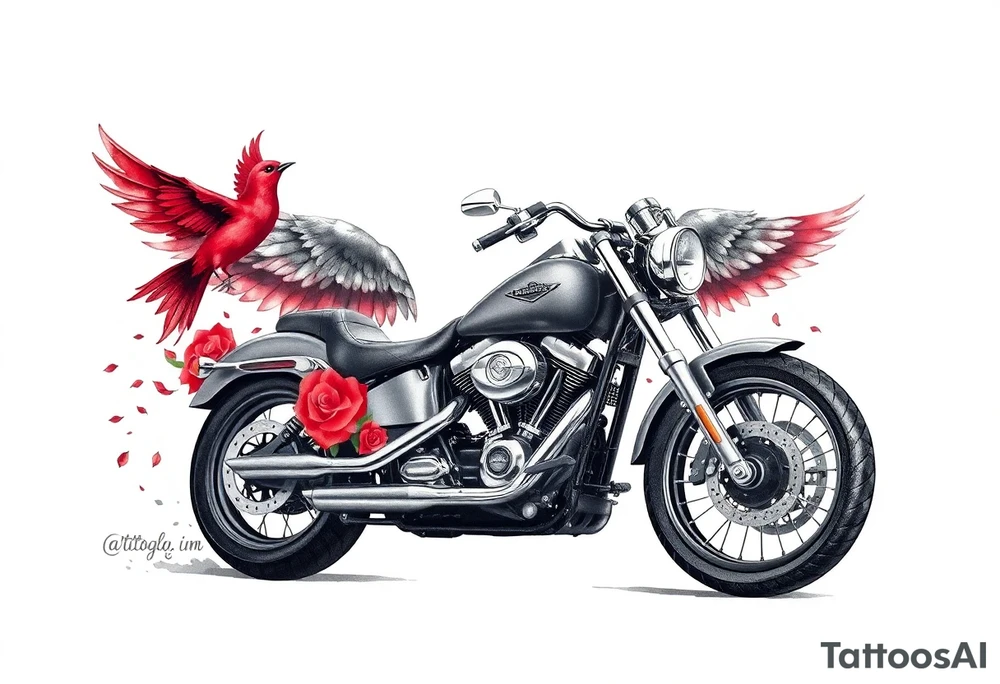 Harley grey motorcycle driving away, two red birds flying, roses, flames, angel wings tattoo idea